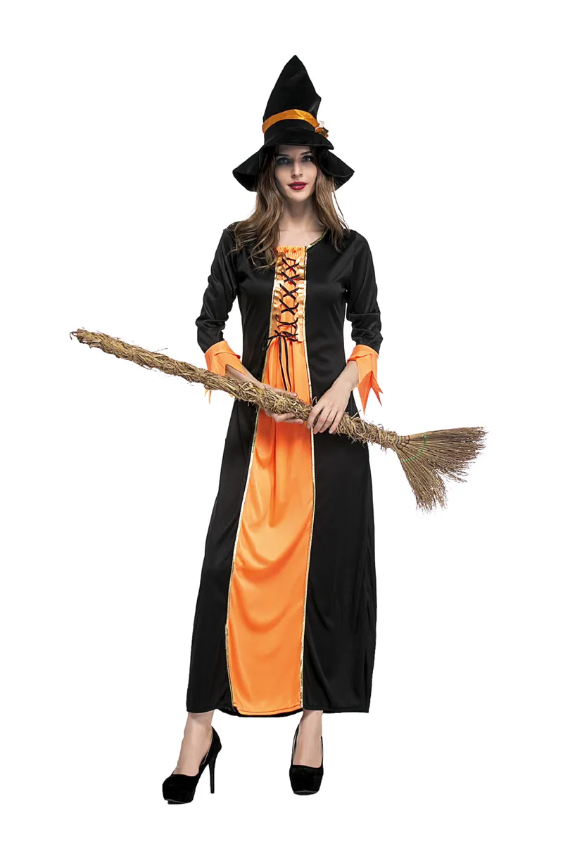 Kobiety Czarownica Pomarańczowa Długa Dress Dyni Kostium Sexy Halloween Party Cosplay Dress Enchanter Magic Sukienka Z Kapeluszem