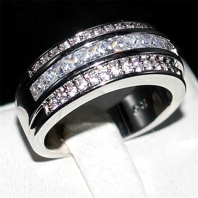 Luxury Princess-cut White Topaz Gemstone Rings Fashion 10KT White Gold filled Wedding Band Jewelry for Men Women Size 8,9,10,11,12