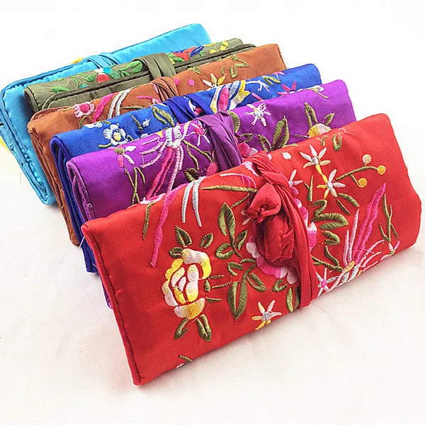 Multifunction Embroidery Flower Bird Jewelry Travel Roll Up Bag Storage Pack Cotton Filled Silk Fabric Comestic Makeup Packaging Pouch