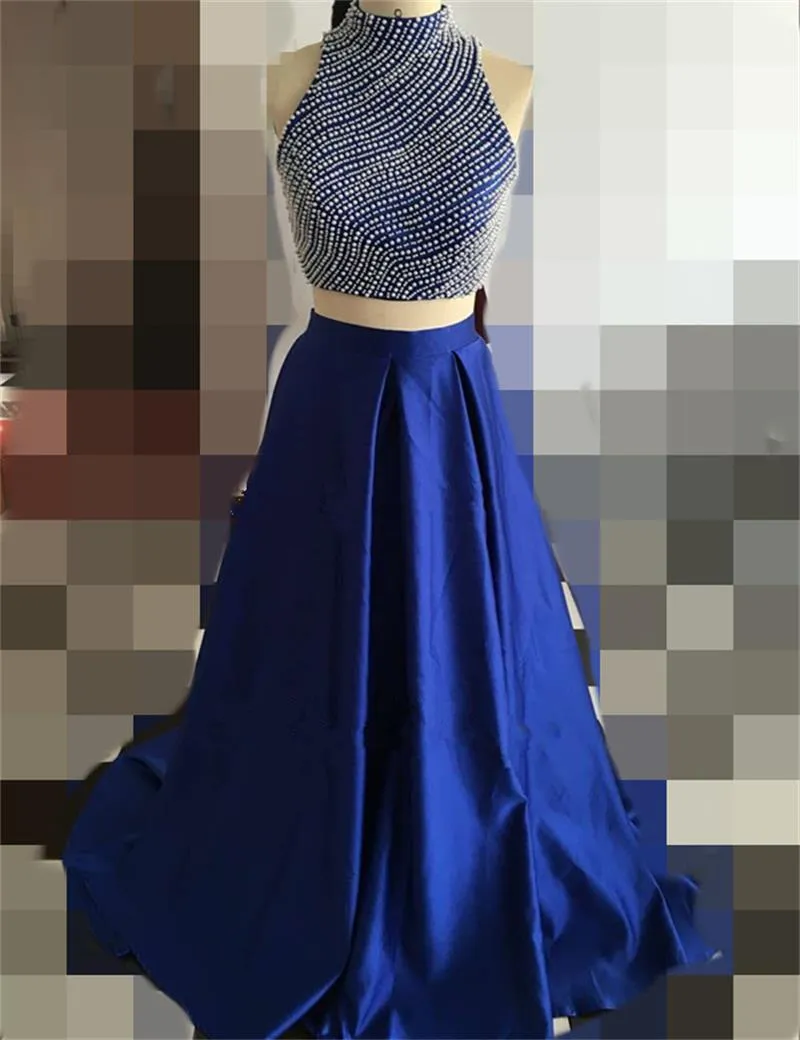 2021 New Royal Blue Two Piece Prom Dresses High Beads A Line Satin Floor-Length Party Dress Floor-Length Evening Party Gowns