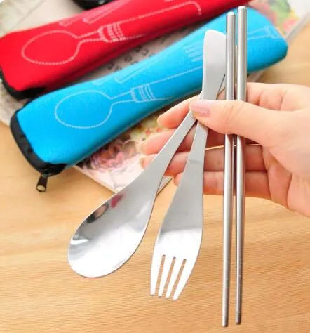 100 zestawów Podróże Piknik Przenośny Sztućce Ze Stali Nierdzewnej 3 sztuk / Set Chopsticks Spoon Widelec