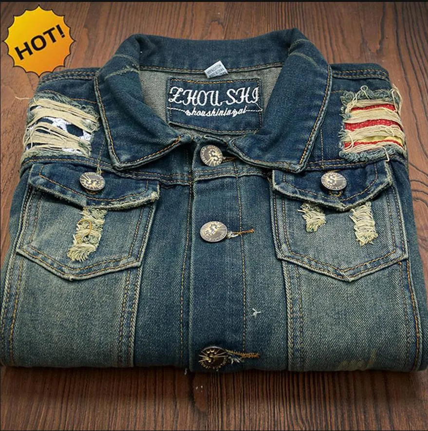 Fashion Men Hip Hop Streetwear Teenagers Denim Jacket Mens Outdoor Dance Slim Fit Distressed Biker Vintage Coat Ripped Outerwear