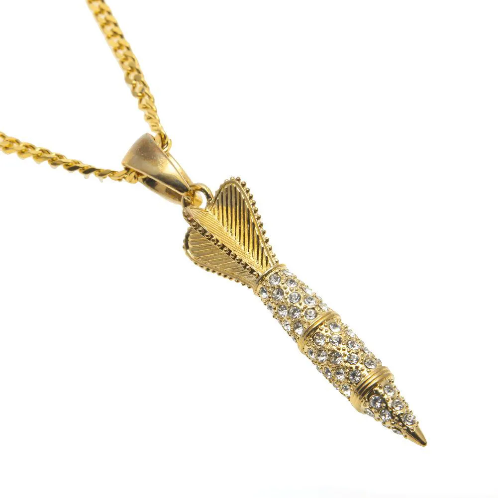 Bling Bling Gold Color Rhinestone Iced Out Military Rocket Arrow Dart Pendant Necklace Hip Hop Style Rapper Jewelry