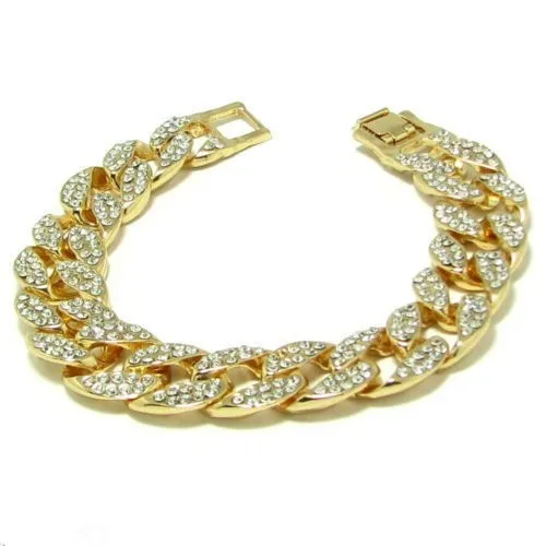 Homens Luxo Simulado Pulseiras De Diamantes Pulseiras de Alta Qualidade Banhado A Ouro Congelado Para Fora Miami Cuban Pulseira 6/7/8/9/10 polegadas