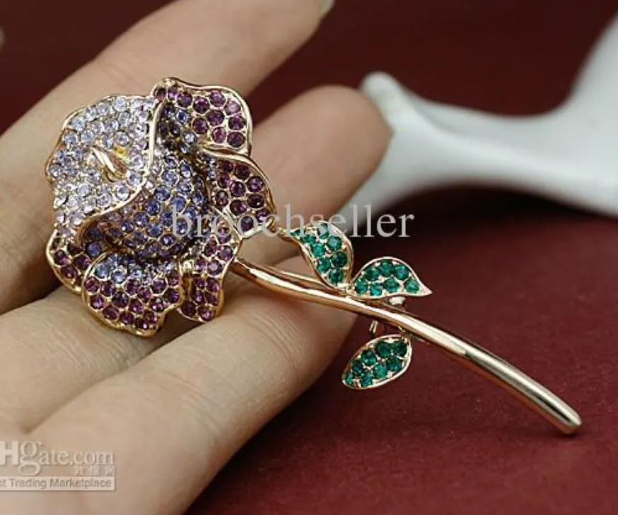 Sparkly-Gold Plated Muticolor Rhinestone Crystal Diamante Rose Flower Bridal Brooch pin