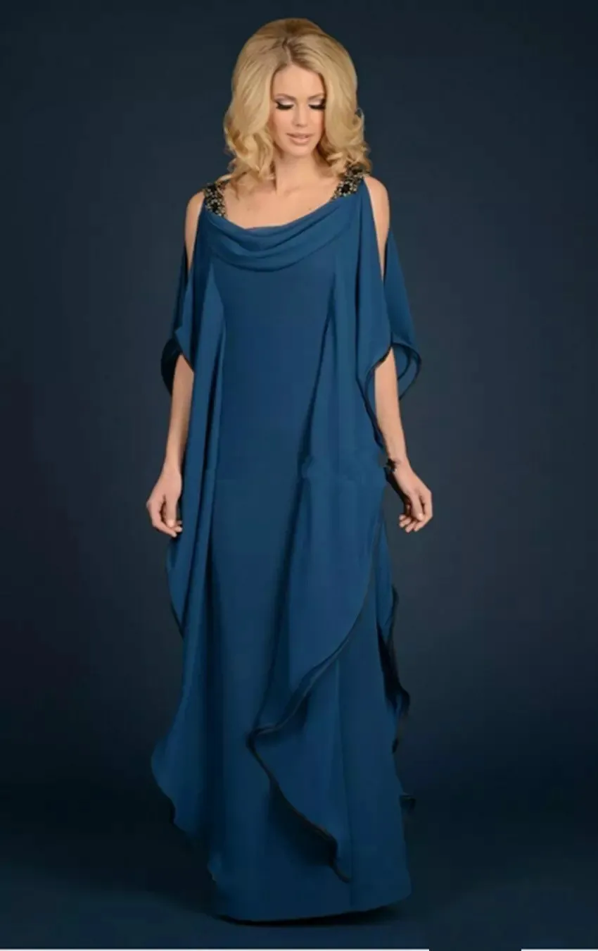 Neues Champagner-Marineblau-Kleid für die Brautmutter, Chiffon-Hosenanzug, Hochzeit, Kleid in Übergröße, Perlenrüschen, fließender Mantel, Boden5112382