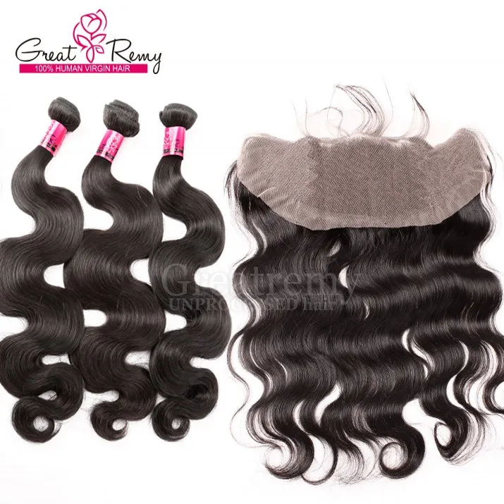 Greatremy® Malaysian Lace Frontal Closure 13x4 Gratis Mellan 3 Del med Body Wave Obehandlat Human Hair Weave Buntar