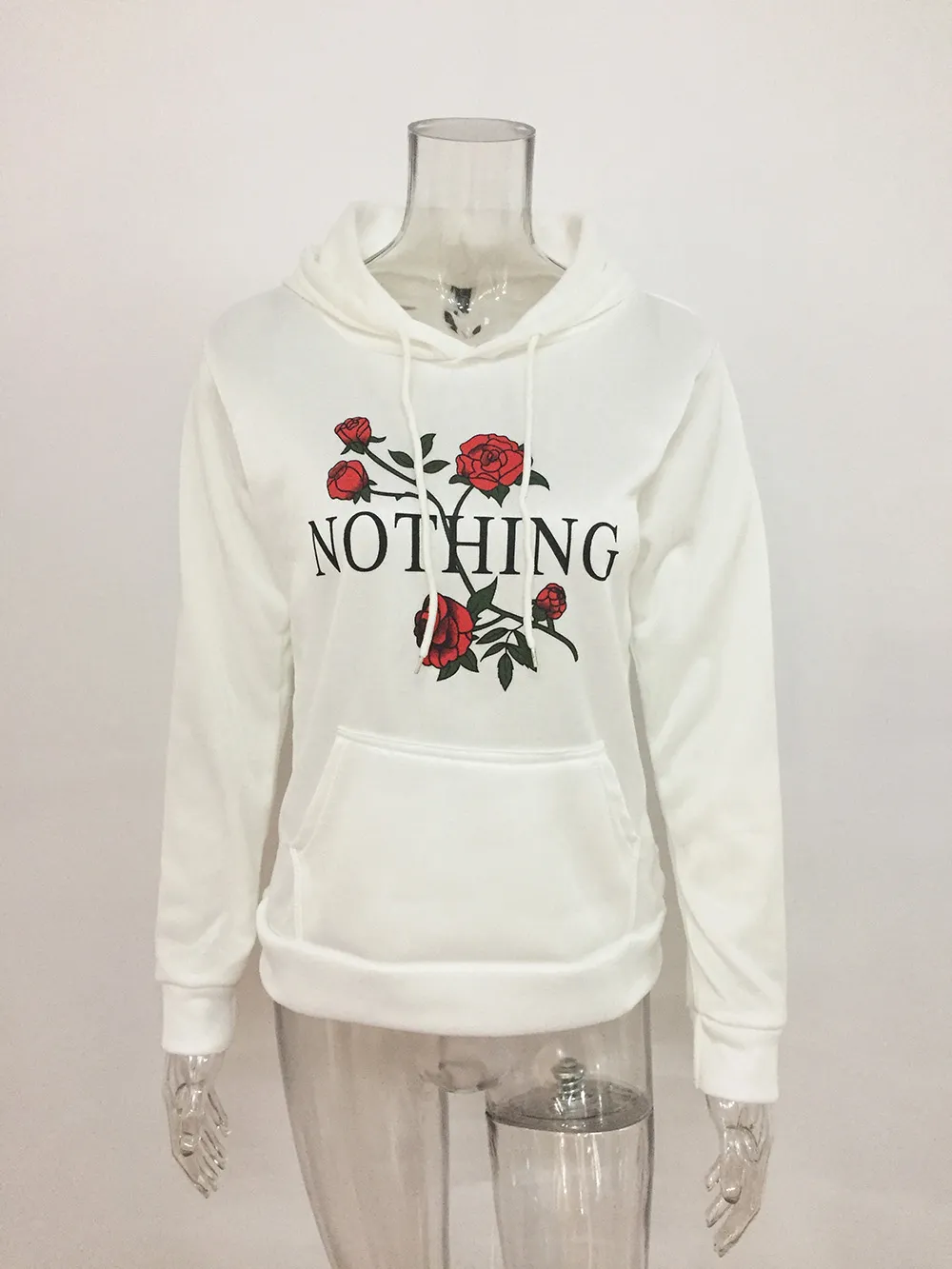 Women's Hoodies Sweatshirts NOTHING Printed Rose Flower Embroidery Long Sleeve White Gray Size S M L XL Hooded Jacket Coat Femmes