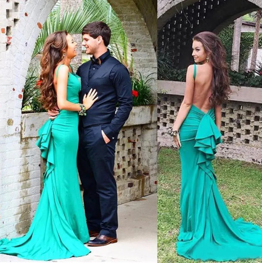 Gorgeous 2016 Turquoise Blue Chiffon Mermaid Prom Dresses Sexy Backless Spaghetti Ruffle Draped Long Party Formal Gowns Custom Made EN9247