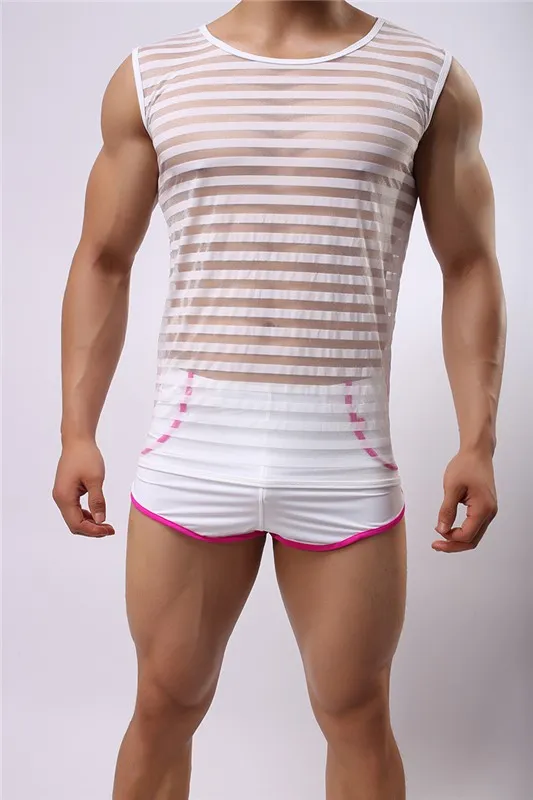 NEW Men Sexy Transparent Mesh Net Shirts Sexy Underwear Undershirts Vest Gym Stripe See Through Tank Tops Night Club Wear