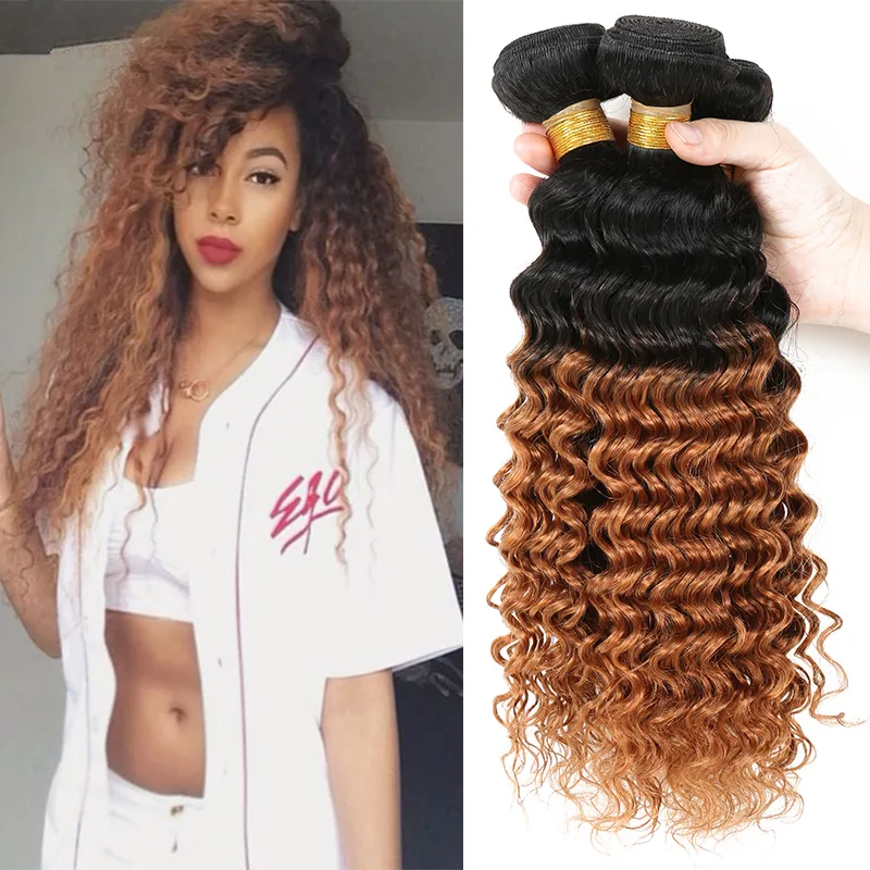 Dark Root Auburn Brown Hair Bundles Deep Curly Hair Weaves 3 Pcs Lot # 1B / 30 Deux Tons Cheveux Produit Pour Femme Noire