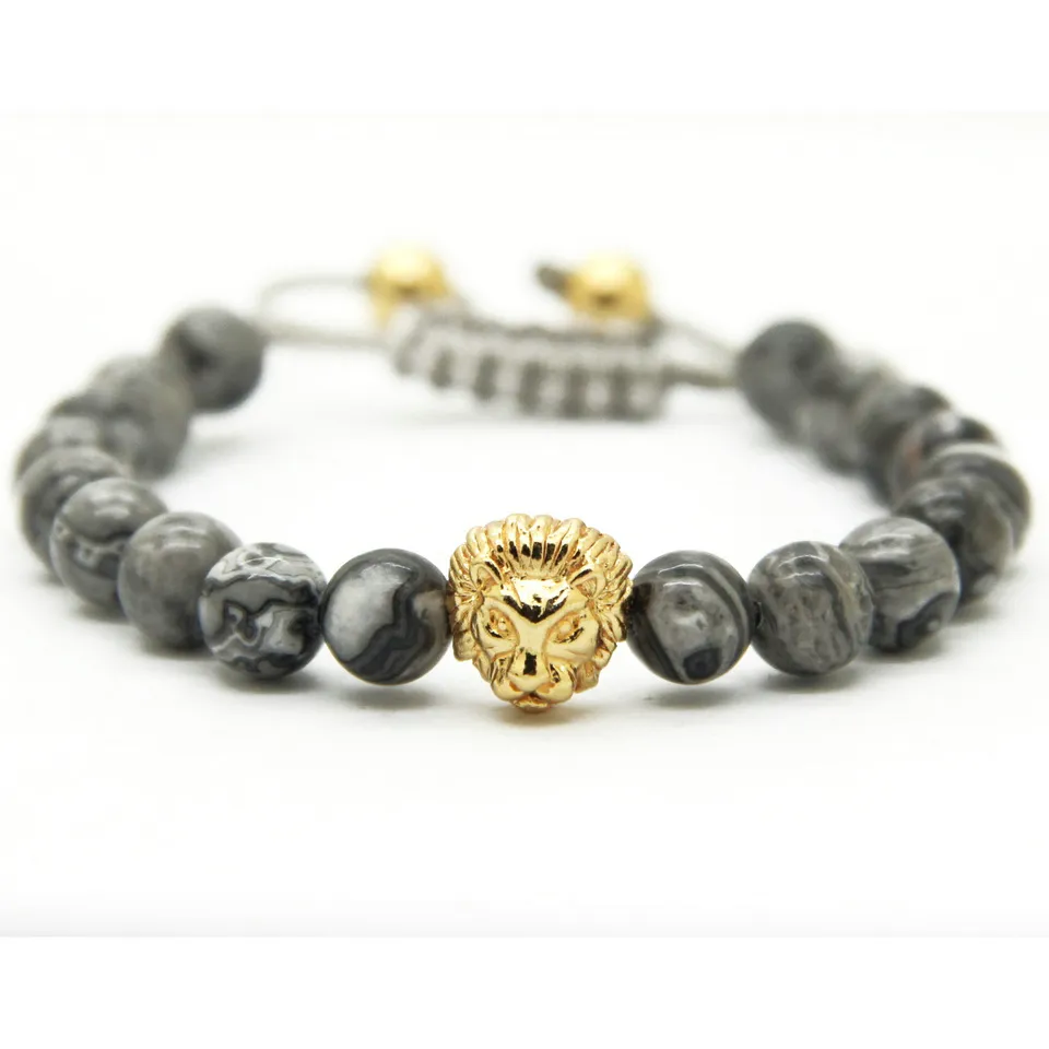 Retail Men's Bracelets 8mm Stone Beads Gold Silver Plated Lion Head Braiding Bracelets246J