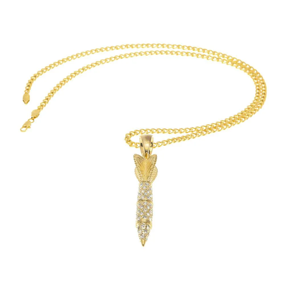 Bling Bling Gold Color Rhinestone Iced Out Military Rocket Arrow Dart Pendant Necklace Hip Hop Style Rapper Jewelry