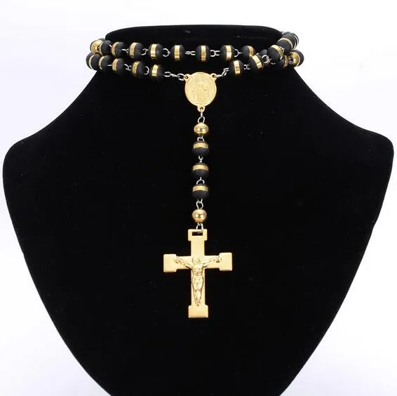 高品質の新しいファッションロザリオチェーンネックレス316Lステンレススチールゴールドの宗教ビーズCrucifixクロスチャームジュエリー