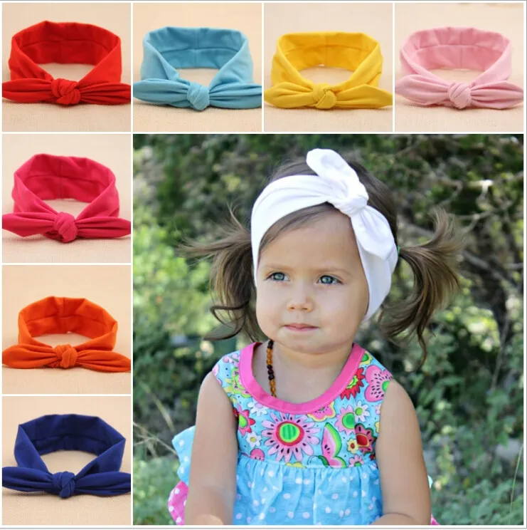 Fashion Baby Girls Kids Rabbit Ear Solid Cotton Headbands Bow Headwrap Bunny Hairband Children Hair Accessories Headwear 10 Color KHA242