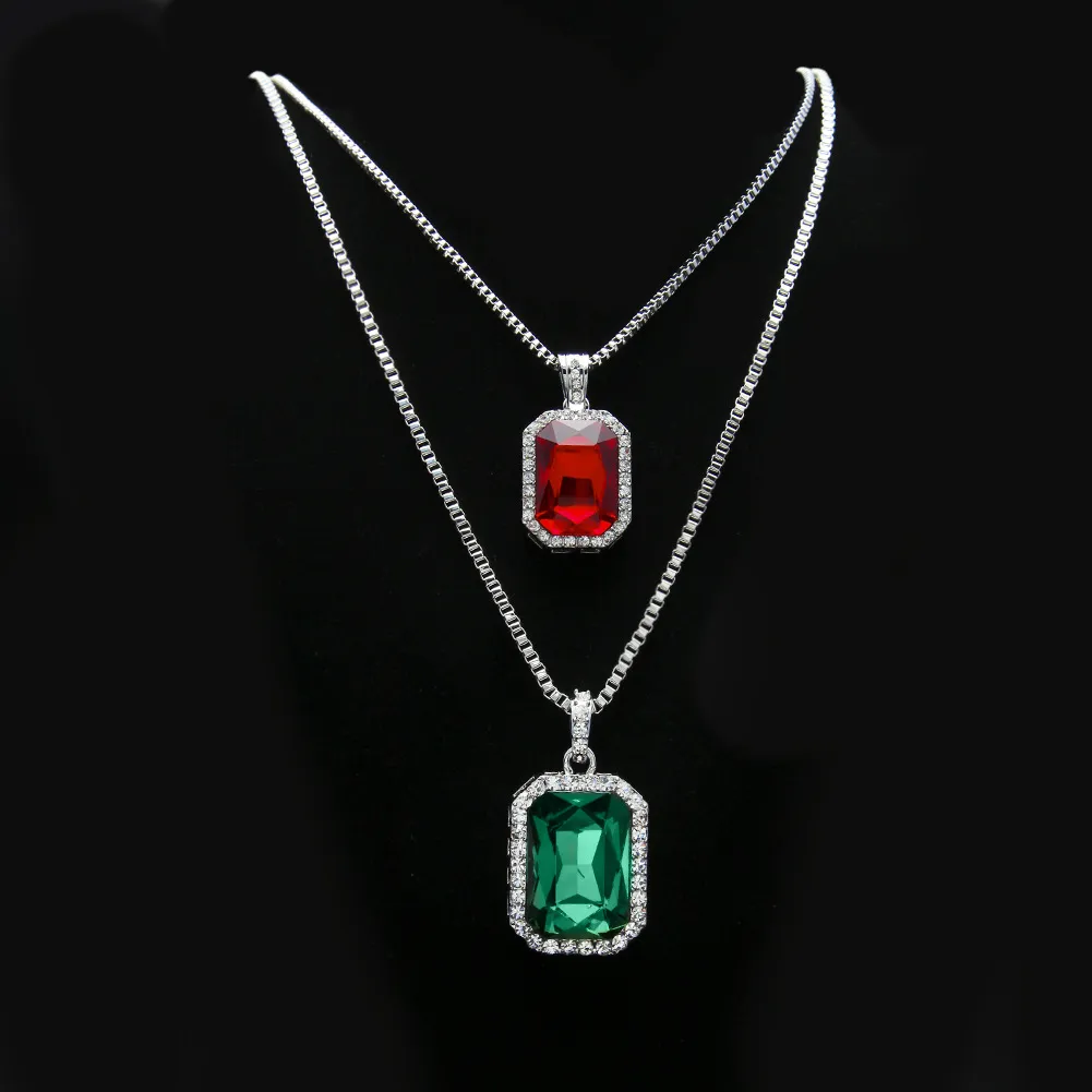 2 sztuk Ruby Naszyjnik Zestaw Biżuterii Srebrny Pozłacane Iced Out Square Red Pendant Hip Box Łańcuch