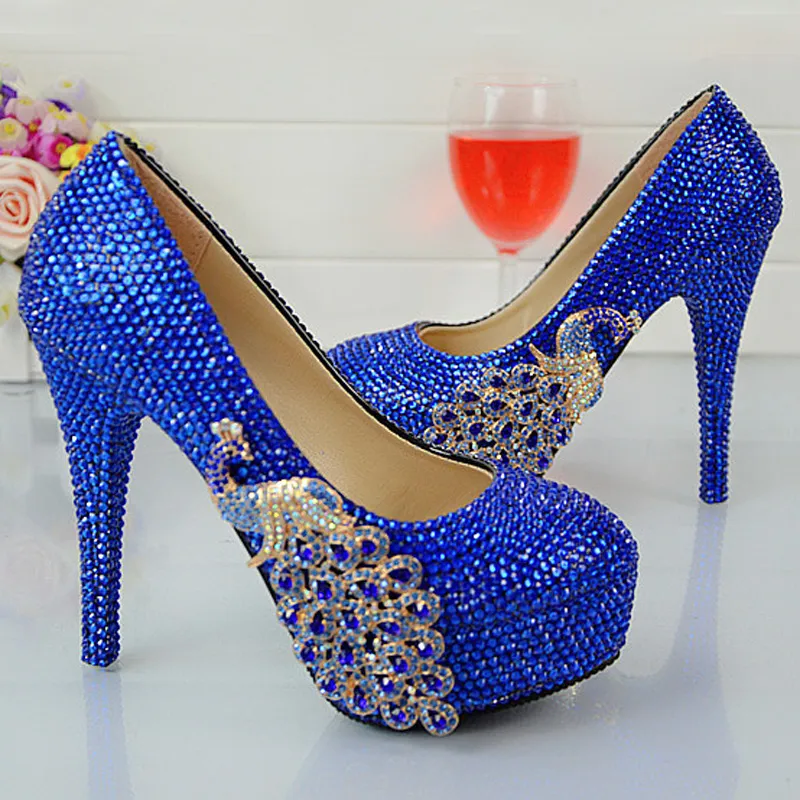 Moda artesanal azul real strass sapatos de casamento dedo do pé redondo deslizamento-on salto alto stilettos baile de formatura bombas mais tamanho 44 45201b