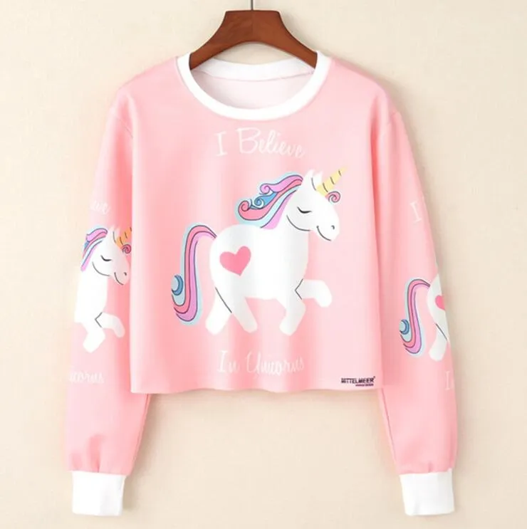 Harajuku Sweat-shirt Femme Girls Crop Top Dessin animé Licorne Chat Animal Fruit Impression Court Sweat-shirt À Capuche Livraison Gratuite