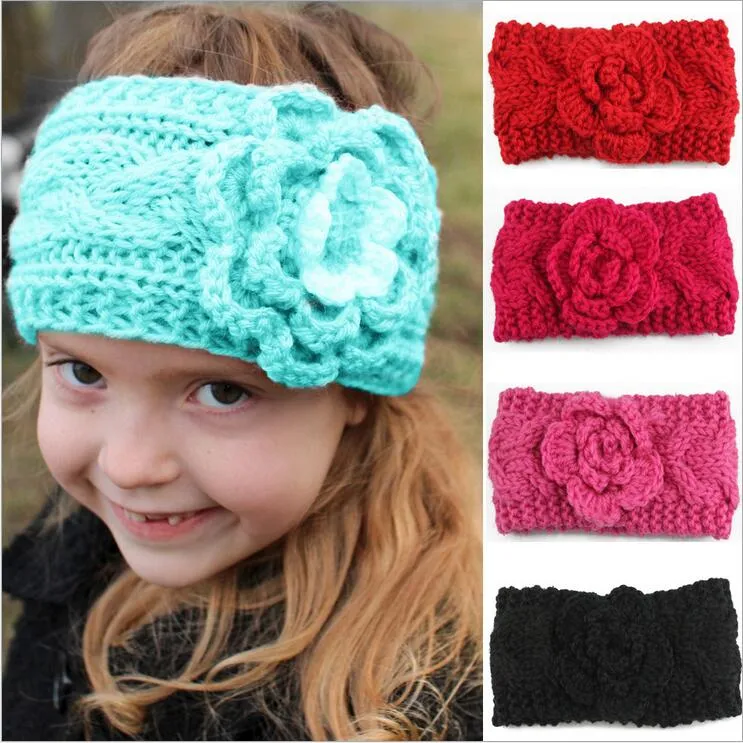 Girls Kids Winter Big Wool Crochet Headbands Flowers for toddler European Style Ear Warmers Children Braided Headbows Baby Beanies Cap KHA518