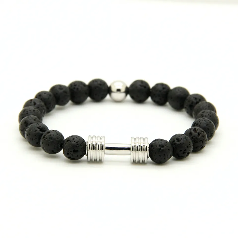 Real Gold Plated Metal Barbell Bracelet & 8mm Stone Beads Fitness Fashion Dumbbell Bracelets