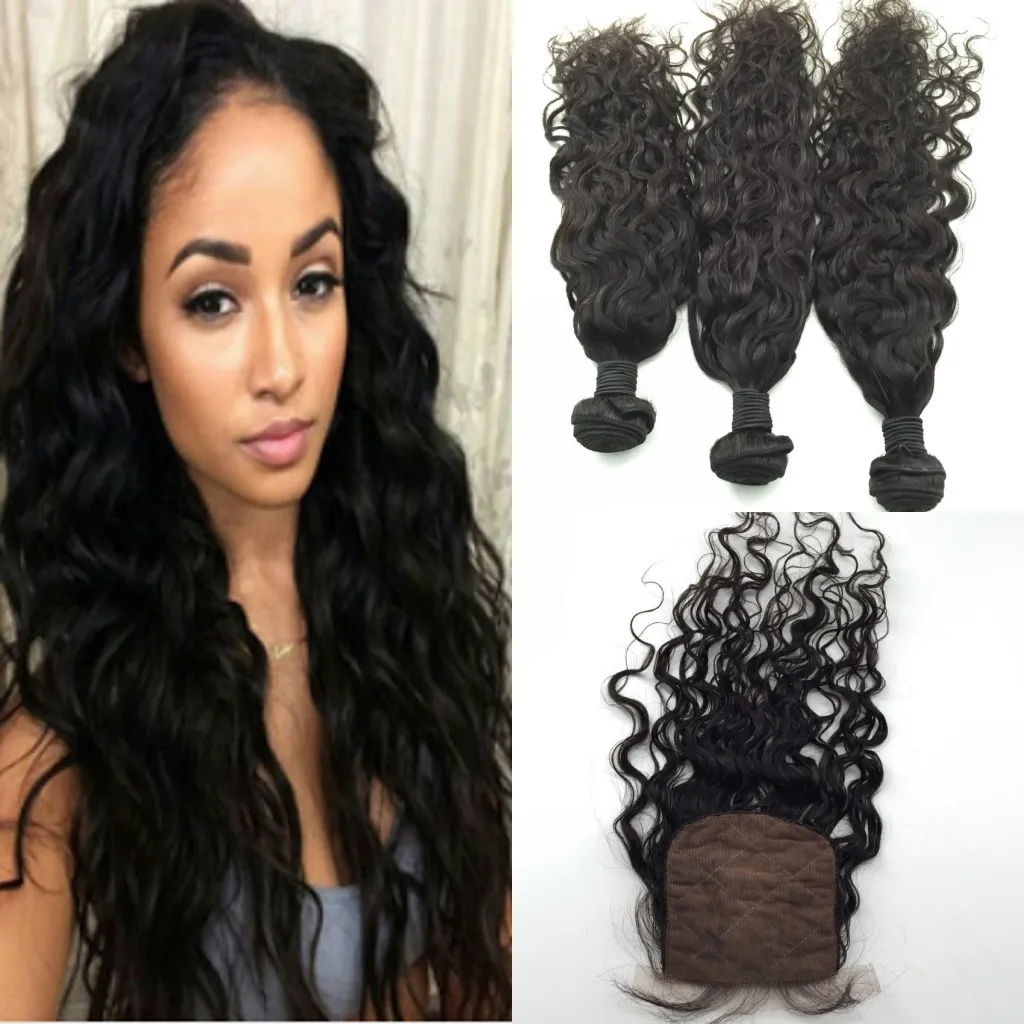 Brasiliansk europeisk indisk Virgin Hair Weave Water Wave 4PCS / Lot Middle Part silkesbaslås med buntar 6a mänsklig hårförlängning