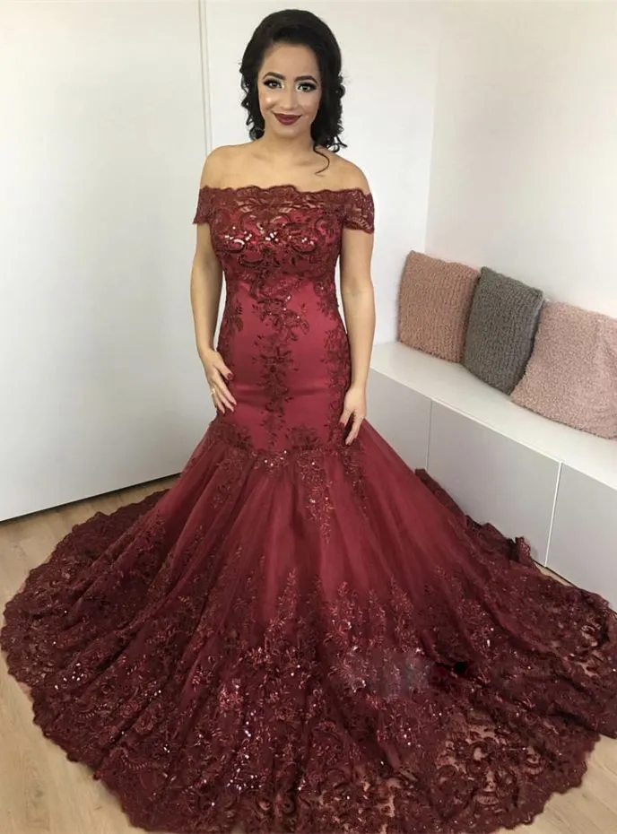 Oriente Médio Vestido de Noite Sparkly Glamorous Fora Do Ombro Lace Applique Evening Vestidos de Baile Vestido Lindo Sereia Red Carpet Dress