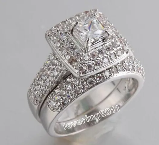 Wholesale -real fine princess cut 14kt white gold filled full topaz Gem simulated diamond Women Wedding Engagement ring