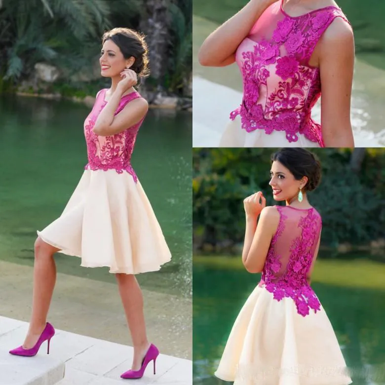 Transparenter Ausschnitt, kurze A-Linie-Partykleider, gerüscht, Fushia, Spitze, Applikationen, gerüscht, Organza, formelle Abendkleider, günstige Dubai-Arabisch-Vestidos