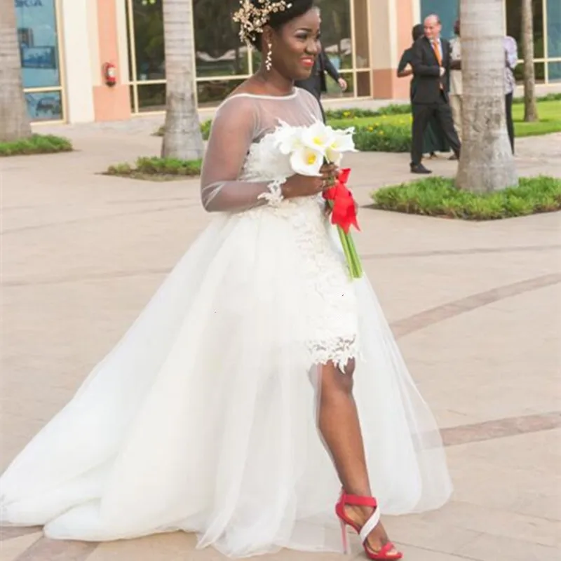 Plus la taille pure cou robes de mariée africaine blanc détachable train Robe de Marigae à manches longues sur mesure robes de mariée 2016