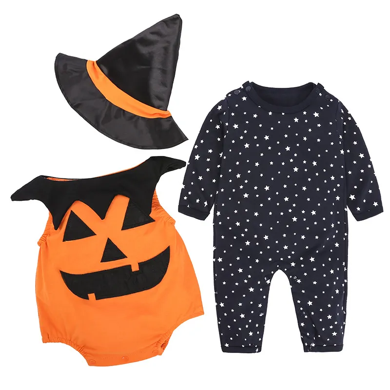 New Halloween Conjuntos de Bebê INS Pumpkin Romper Listrado + colete + Chapéu conjuntos New born Menino jumpsuits criança meninas menino conjuntos