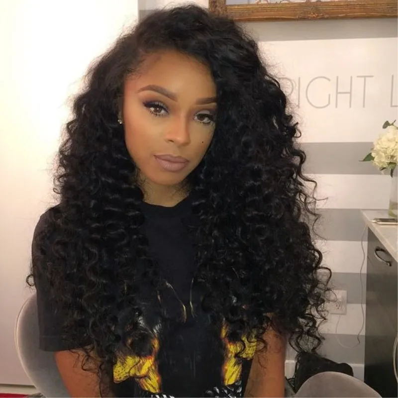 Natural Soft Black Curly Wavy Human Hair Long Curly Wigs with Baby Hair Heat Resistant Glueless Synthetic Lace Front Wigs for Black Women