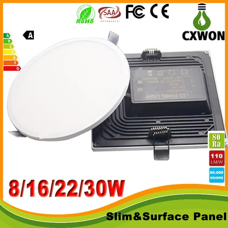 Nuovo pannello a LED a bordo stretto quadrato / rotondo 8W 16W 22W 30W Plafoniere a pannello a luci LED SMD4014 Alta luminosità AC85-265V