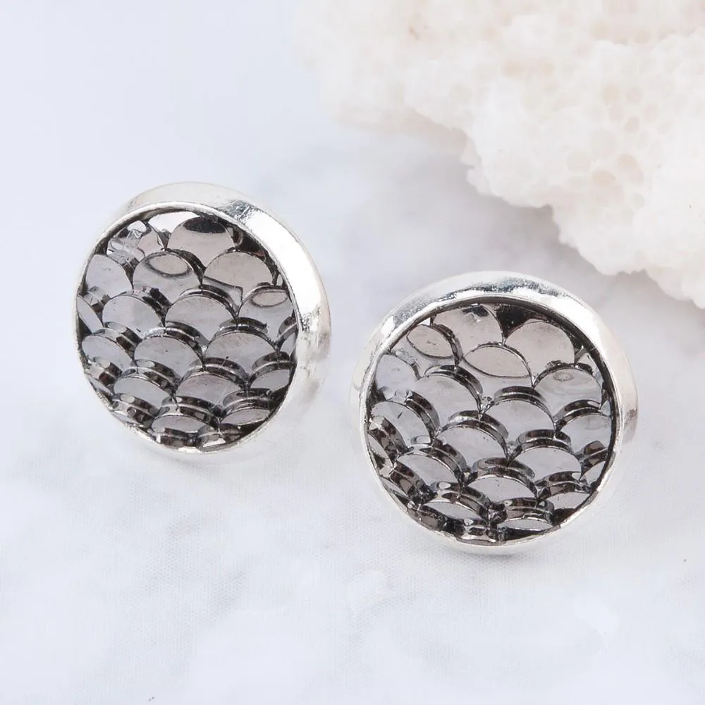 Fashion Drusy Druzy Earrings Stainless Steel 12MM Mermaid Fish/Dragon Scale Pattern Stud Earrings For Women Lady Jewelry