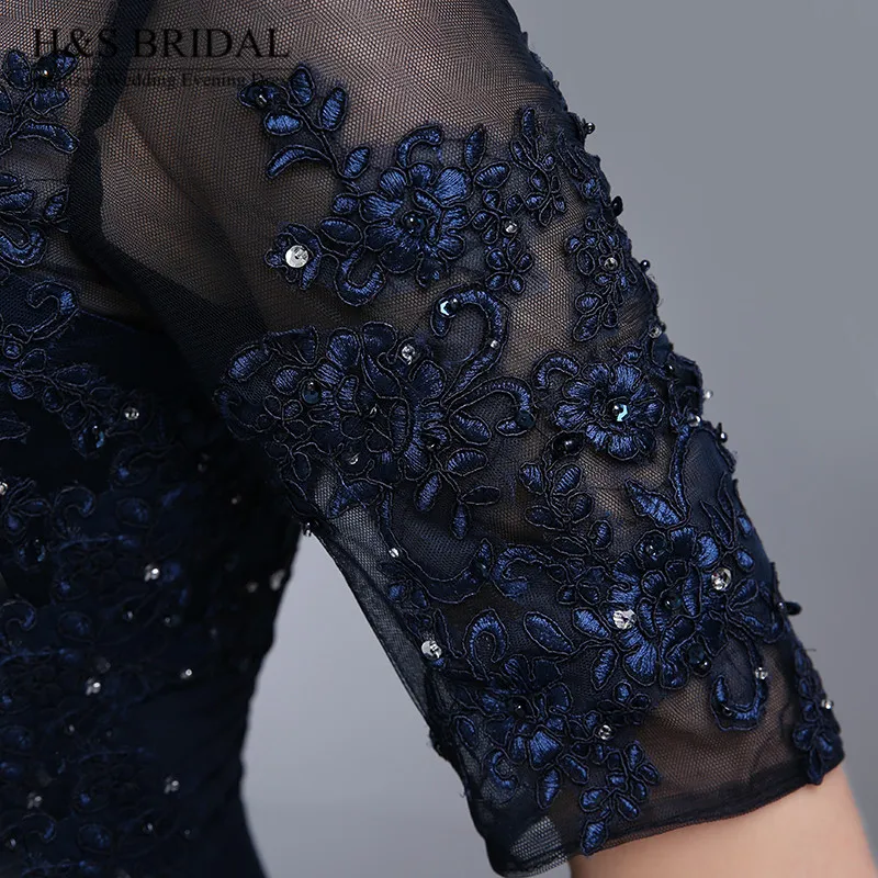 Real Picture Navy Blue Evening Dresses 2016 Half Sleeve Pärled Chiffon Formal Mother of the Bride Groom Dresse Appliqued Lace Form2352300