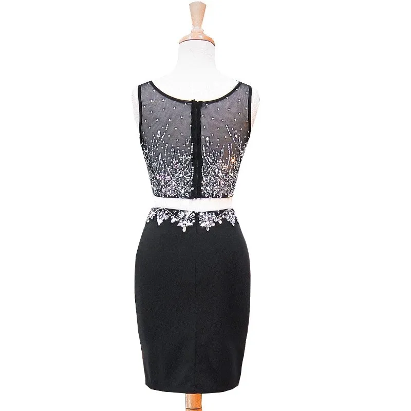 Mode Twee Stuks Goedkope Cocktail Prom Jurk met Sheer Hals Sequin Beaded Designer 2018 Korte Avond Homecoming Jurkjurken