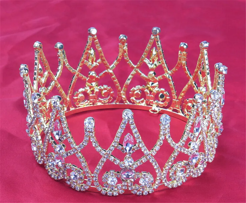 Mode bröllop brud runda full krona tiara vintage guld kristall strass hårtillbehör smycken silver prinsessa smycken sup4408832