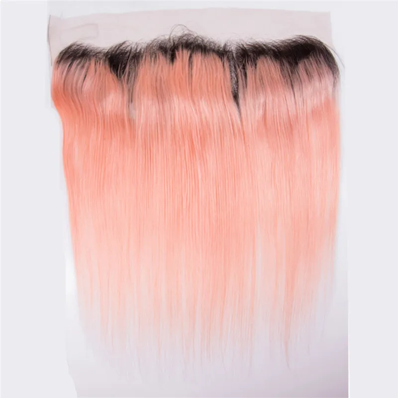 Extensiones de cabello Ombre Dos tonos # 1B Oro rosa Ombre Paquetes de tejido de cabello humano virgen brasileño recto con cierre frontal de encaje rosa de 13x4 ''