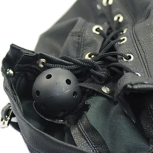 GIMP HEAD MASK HOOD BLINDBLE BILDAGE Black Faux Leather Fetish Kinky Rollplay #R172