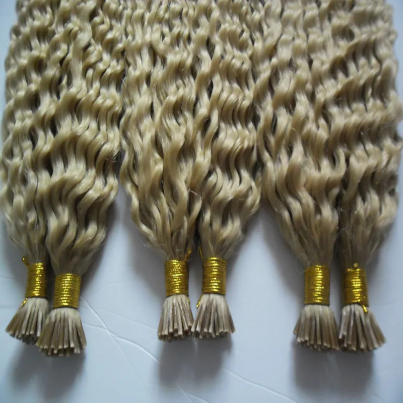 100g / brins 3 faisceaux Remy Extensions de Cheveux Kératine I Tip Extensions de Cheveux Blonde Brésilienne Crépus Bouclés Extensions de Cheveux Humains Kératine