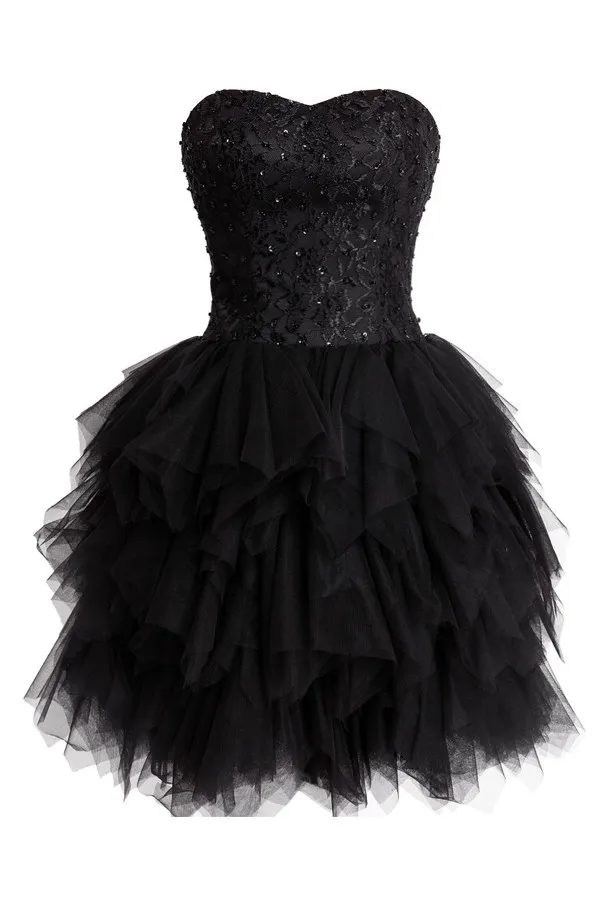 Wunderschönes Sweet-16-Kleid in Schwarz für die Heimkehr, Perlenbesetztes Pailletten-Spitzenoberteil, gerüschter Puffrock, Schnürkorsett am Rücken, trägerlos, Schatz