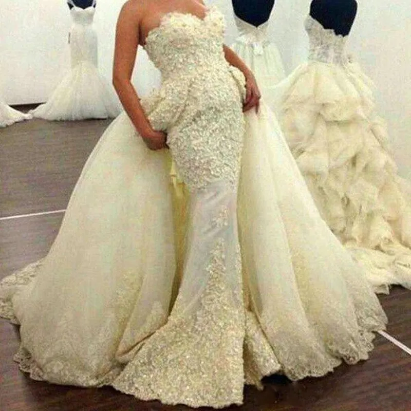 Romântico Querida Lace Applique Destacável Trem Vestidos de Casamento 2017 Bainha de Verão Vestidos de Noiva Vestidos De Casamento Feitos Sob Encomenda