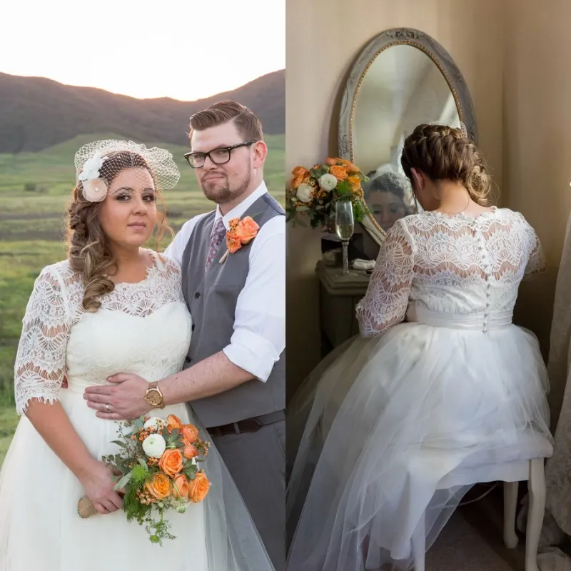 Wiosna Plus Size Suknie Ślubne Linia Długość Herbaty Suknie Ślubne Dekolt Illusion Dekolt Sheer Koronki Pół Rękawy Ogród Plaża Party Wedding