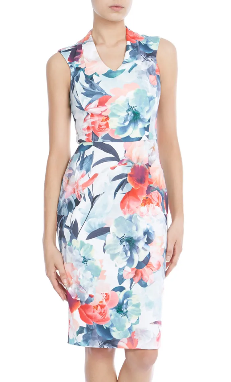 Floral Flower Print Women Sheath Dress V-Neck Sleeveless Casual Dresses 084A697