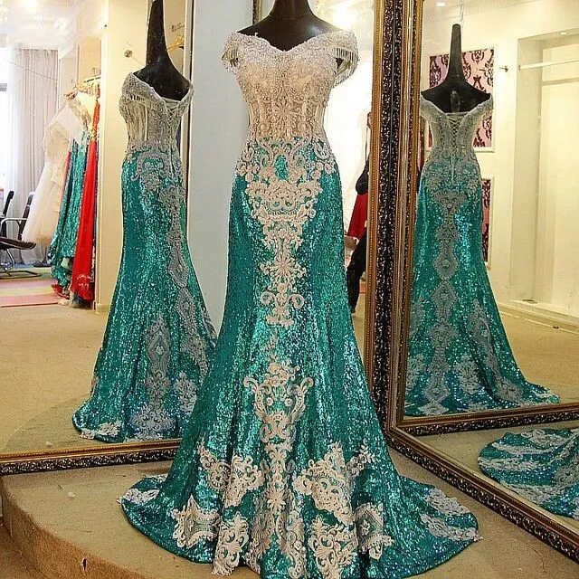 Étincelle hors épaule paillettes robes de bal dentelle appliques perlées à lacets sirène robes de soirée 2020 robe de soirée sur mesure