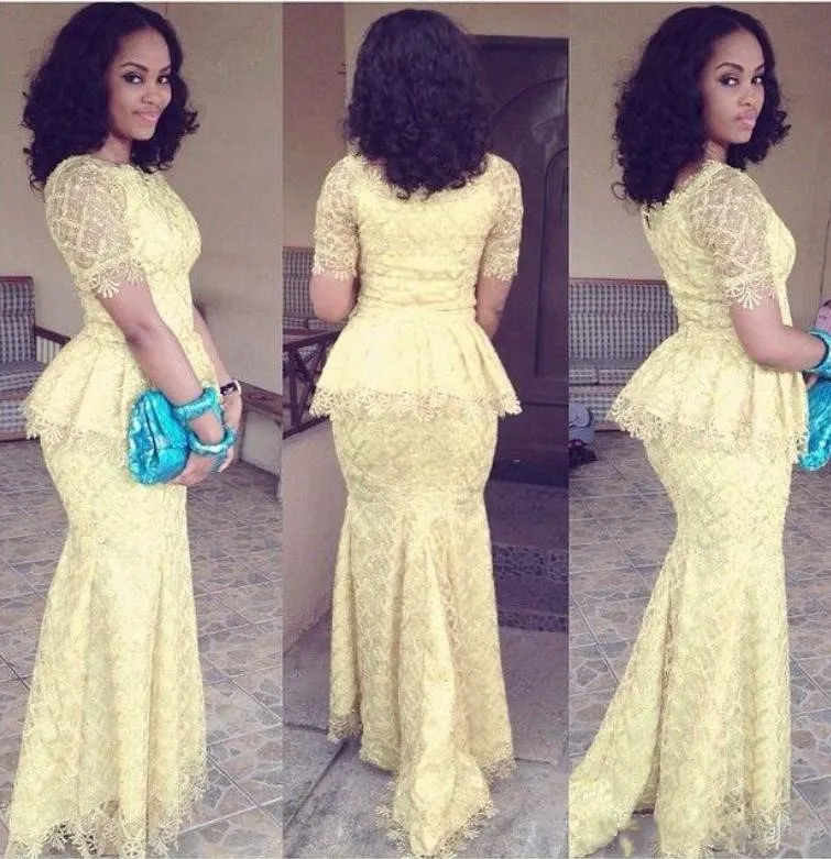 Afrikaanse Prom Jurken Nigeriaanse Stijl Zeemeermin Formele Avondjurk O Hals Korte Mouw Elegante Avondjurk Kanten Jurken robe de soiree