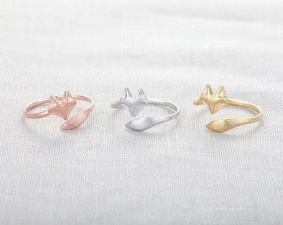 10 sztuk / partia Cute Fox Ring Gold Silver Rose Gold Fox Pierścienie, Unikalne pierścienie, regulowane pierścienie, pierścienie zwierząt, pierścienie rozciągające, śliczne pierścienie, fajne pierścienie