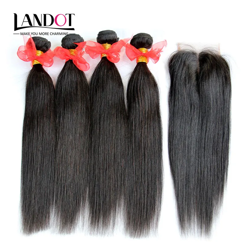 5 Bundles Lot Brésiliens Raides Cheveux Vierges Tisse Avec Fermeture En Dentelle Malaisien Péruvien Indien Cambodgien Mongol Remy Fermetures de Cheveux Humains