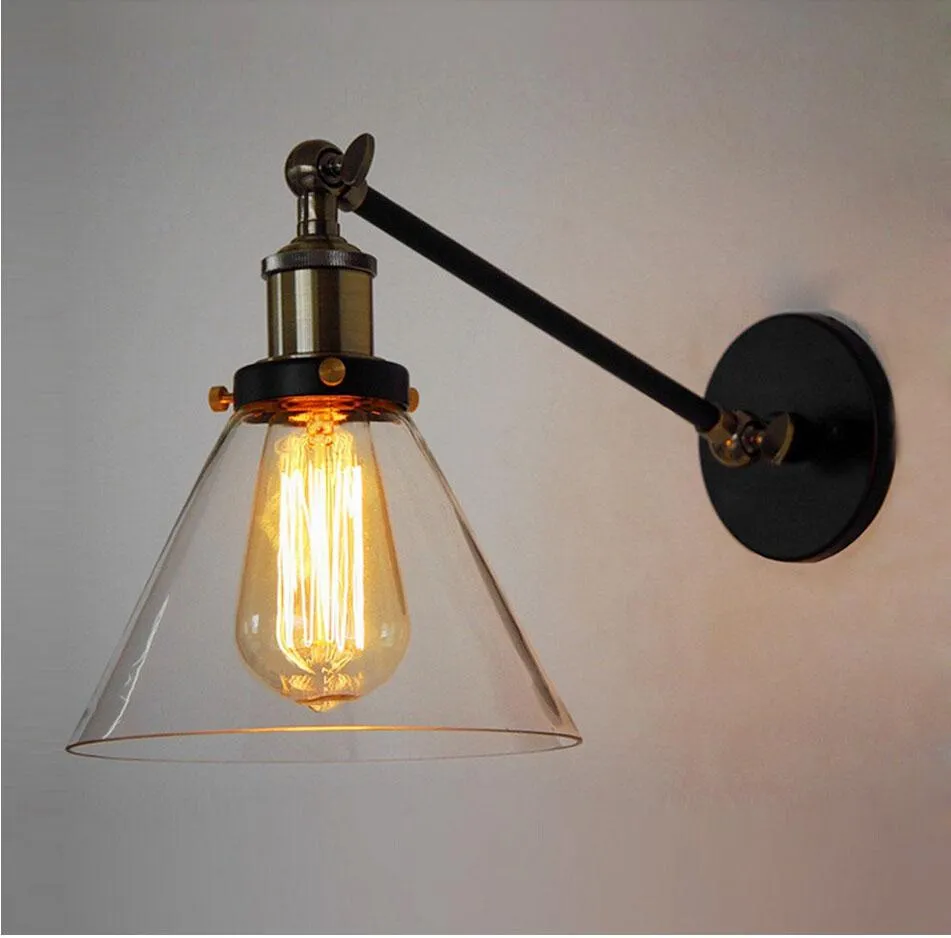 Loft Swing Arm Wall Sconces Retro LED Wall Light Warehouse Ambient Lighting Glass Lampshade Industrial Style E 27 Edsion Wall Lamp AC85-265V