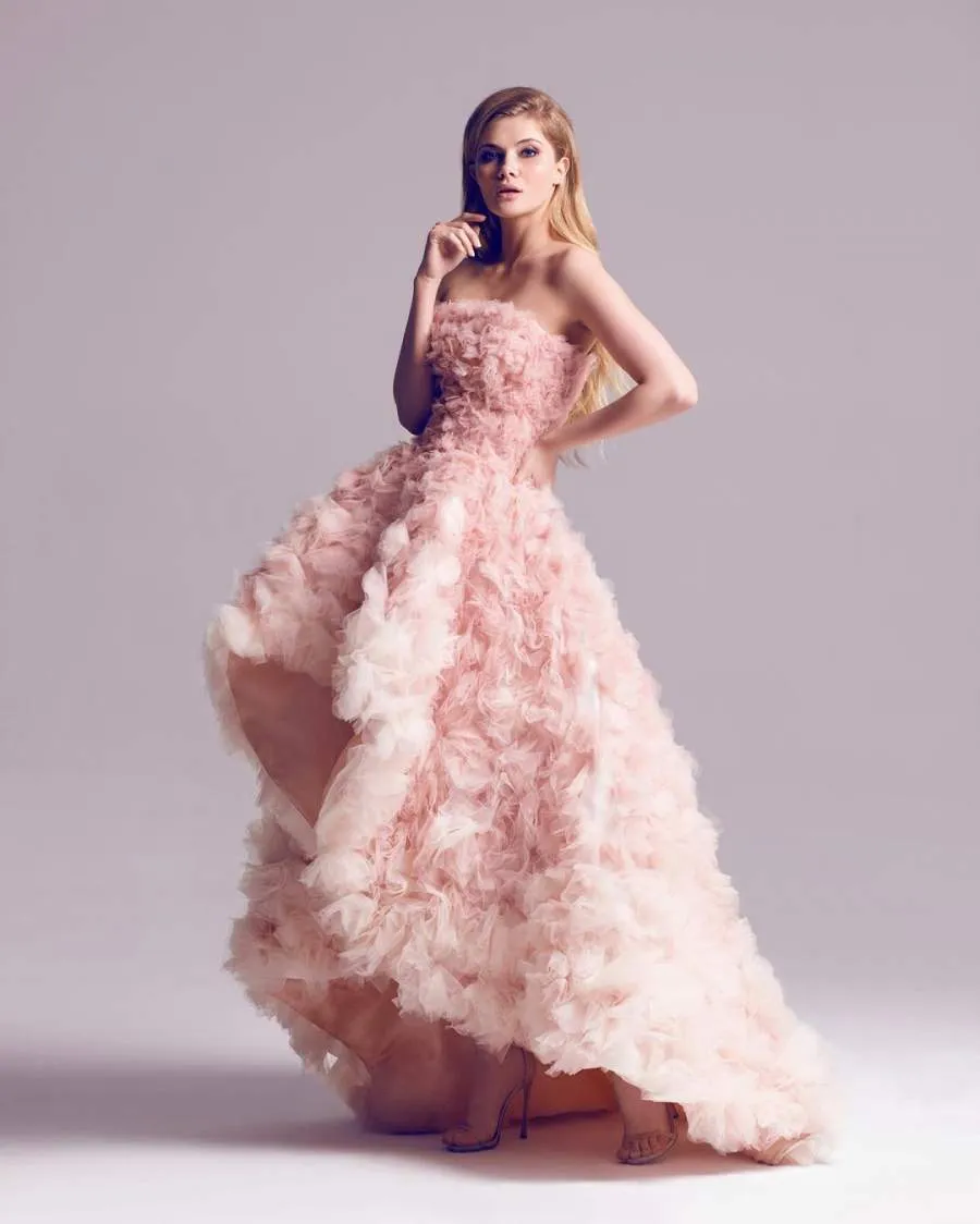 Blush High Low Prom Dresses Strapless Neckline Ruffles A-Line Evening Gowns Sweep Train Tulle Sleeveless Formal Dress