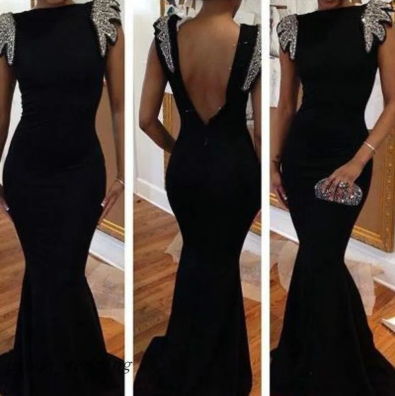 Black Open Back Evening Dresses Mermaid Backless Sparkling